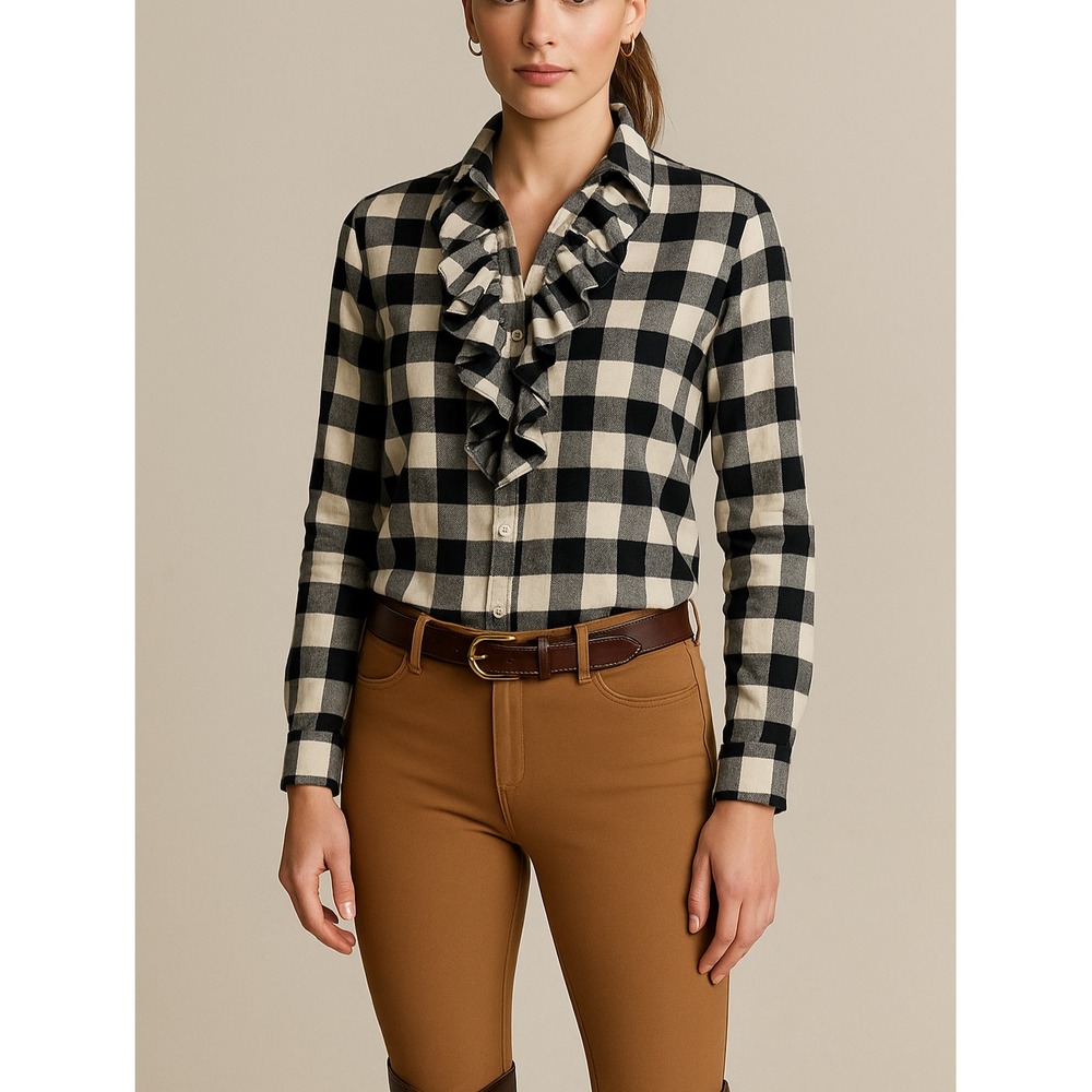 Ralph Lauren Black and Cream Buffalo Check Ruffle-Front Blouse